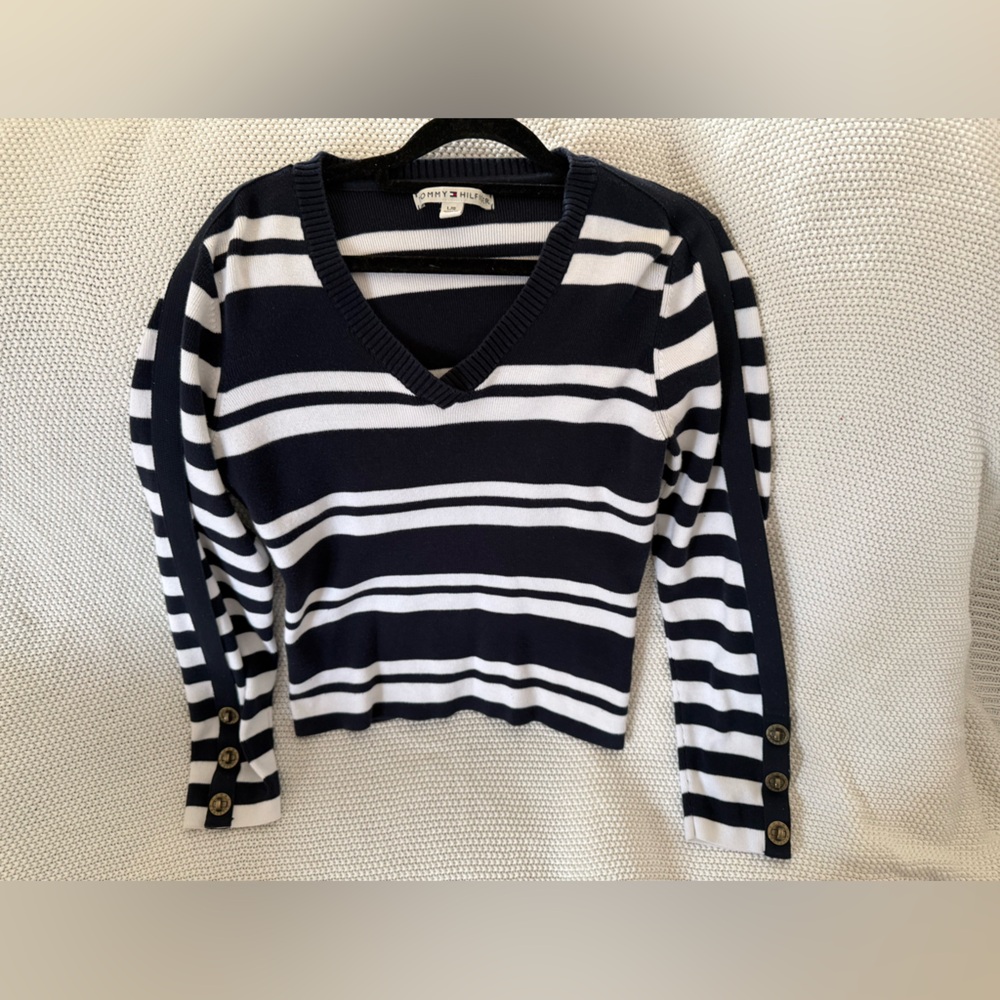 Tommy Hilfiger Navy and White Striped Sweater